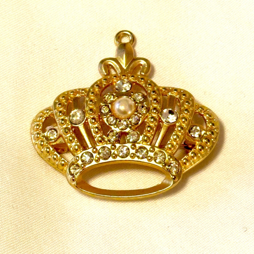 Gold Crown Brooch with Crystals